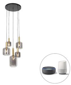 Smart hanglamp zwart met goud met smoke glas incl. 5 Wifi A60 - Zuzanna Oswietlenie wewnetrzne