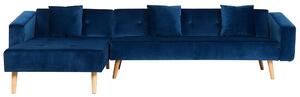Narożnik welurowy prawostronny sofa rozkładana pikowane oparcie niebieski Vadso Beliani