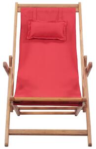 Składany leżak plażowy, tkanina i drewniana rama, czerwony