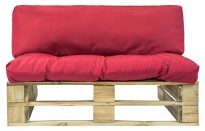 Sofa ogrodowa z palet z czerwonymi poduszkami, drewno
