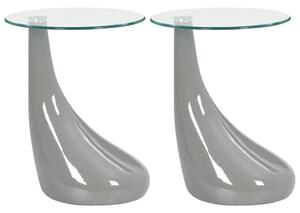 2 szare stoliki z okrągłym, szklanym blatem, wysoki połysk