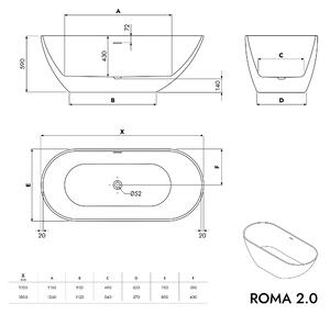 Wanna wolnostojąca ROMA 2.0 akrylowaBiały połysk - 160 x 80 x 58 cm