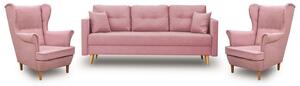 Zestaw Wypoczynkowy Sofa z Funkcją Spania + 2 Fotele Uszak Pudrowy Róż