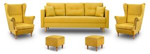 Zestaw Wypoczynkowy Skandynawski Sofa + 2 Fotele Uszak z Podnóżkami Musztardowy