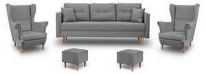 Zestaw Wypoczynkowy Skandynawski Sofa + 2 Fotele Uszak z Podnóżkami Szary