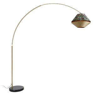 Luk Mosiężna lampa łukowa z podwójnym aksamitnym abażurem z motywem liści i w kolorze beżowym - XXL Oswietlenie wewnetrzne