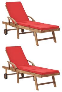 Leżaki z poduszkami, 2 szt., lite drewno tekowe, czerwone