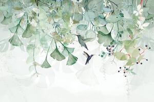 Tapeta zielone liście z kolibrami