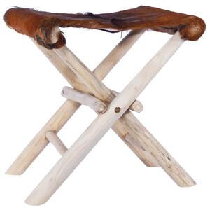 Składany stołek, skóra naturalna i lite drewno tekowe