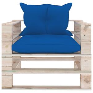 Sofa środkowa z palet, z niebieskimi poduszkami, drewno sosnowe