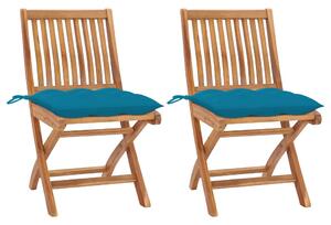 Krzesła ogrodowe, 2 szt., jasnoniebieskie poduszki, tekowe