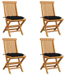 Krzesła ogrodowe, czarne poduszki, 4 szt., lite drewno tekowe