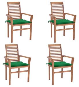 Krzesła stołowe, 4 szt., zielone poduszki, drewno tekowe