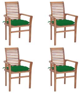 Krzesła stołowe, 4 szt., zielone poduszki, drewno tekowe