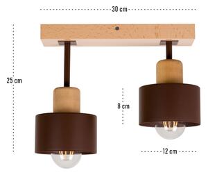 Brązowa lampa sufitowa, dwupunktowy spot DBR30x7BU z drewna i metalu E