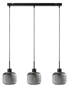 Lampa wisząca Maria czarna z trzema przydymiono-szarymi, ryflowanymi kloszami na listwie