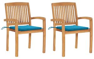 Krzesła ogrodowe, 2 szt., niebieskie poduszki, drewno tekowe
