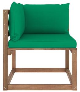 Ogrodowa sofa narożna z palet, z zielonymi poduszkami