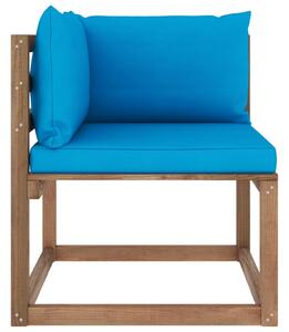 Ogrodowa sofa narożna z palet, z jasnoniebieskimi poduszkami