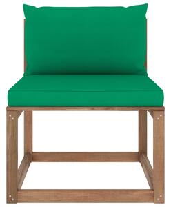 Ogrodowa sofa środkowa z palet, z zielonymi poduszkami