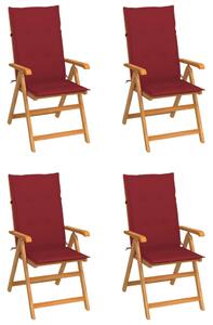Krzesła ogrodowe, 4 szt., winnoczerwone poduszki, drewno tekowe