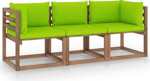 Ogrodowa sofa 3-os. z palet, z jasnozielonymi poduszkami, sosna