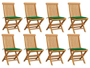 Krzesła ogrodowe z zielonymi poduszkami, 8 szt., drewno tekowe