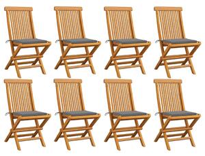 Krzesła ogrodowe z szarymi poduszkami, 8 szt., drewno tekowe