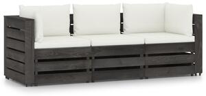 Ogrodowa sofa 3-os z poduszkami, impregnowane na szaro drewno