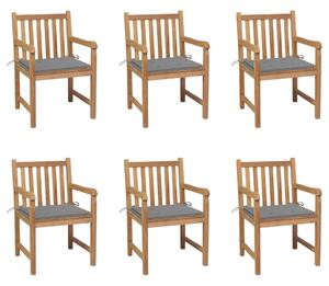 Krzesła ogrodowe, szare poduszki, 6 szt., lite drewno tekowe