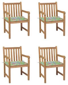 Krzesła ogrodowe, 4 szt., z poduszkami w liście, drewno tekowe