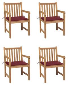 Krzesła ogrodowe, 4 szt., czerwone poduszki, drewno tekowe