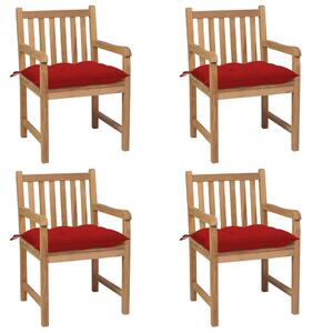 Krzesła ogrodowe z czerwonymi poduszkami, 4 szt., drewno tekowe