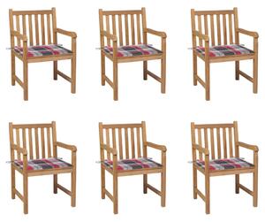 Krzesła ogrodowe, 6 szt., z poduszkami w czerwoną kratkę, tek