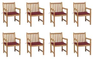 Krzesła ogrodowe, 8 szt., czerwone poduszki, drewno tekowe