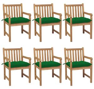 Krzesła ogrodowe z zielonymi poduszkami, 6 szt., drewno tekowe