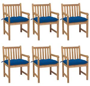 Krzesła ogrodowe z niebieskimi poduszkami, 6 szt., tekowe