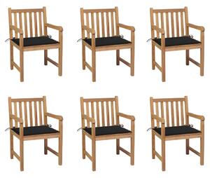 Krzesła ogrodowe, czarne poduszki, 6 szt., lite drewno tekowe
