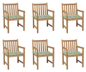 Krzesła ogrodowe, 6 szt., z poduszkami w liście, drewno tekowe