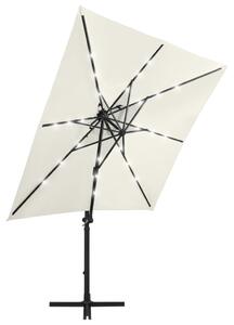 Parasol wiszący z lampkami LED i słupkiem, piaskowy, 250 cm