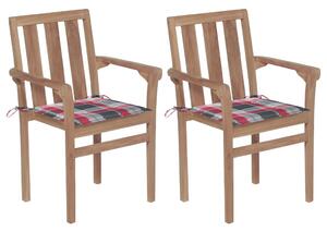 Krzesła ogrodowe, 2 szt., poduszki w czerwoną kratę, tekowe