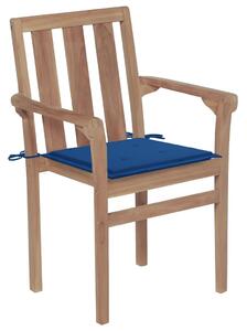 Krzesła ogrodowe, 2 szt., kobaltowe poduszki, drewno tekowe