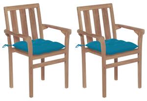 Krzesła ogrodowe, 2 szt., błękitne poduszki, drewno tekowe