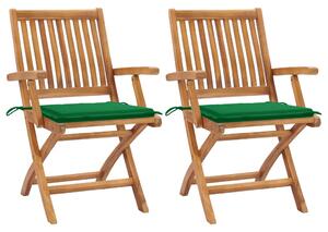 Krzesła ogrodowe, 2 szt., zielone poduszki, drewno tekowe