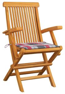 Krzesła ogrodowe z poduszkami w czerwoną kratę, 3 szt., tekowe