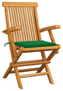 Krzesła ogrodowe z zielonymi poduszkami, 3 szt., drewno tekowe