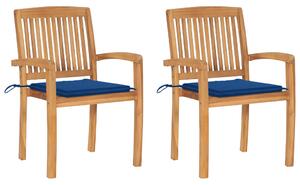 Krzesła ogrodowe, 2 szt., kobaltowe poduszki, drewno tekowe