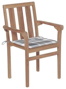 Krzesła ogrodowe, 2 szt., poduszki w szarą kratę, drewno tekowe