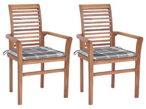Krzesła stołowe, 2 szt., poduszki w szarą kratę, drewno tekowe