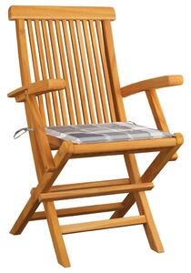 Krzesła ogrodowe z poduszkami w szarą kratę, 3 szt., tekowe